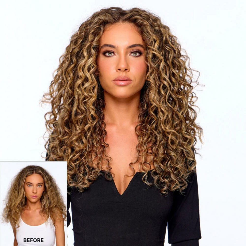 Krullend haar voor en na gebruik van Color Wow Curl Wow Shook Mix + Fix Bundling Spray