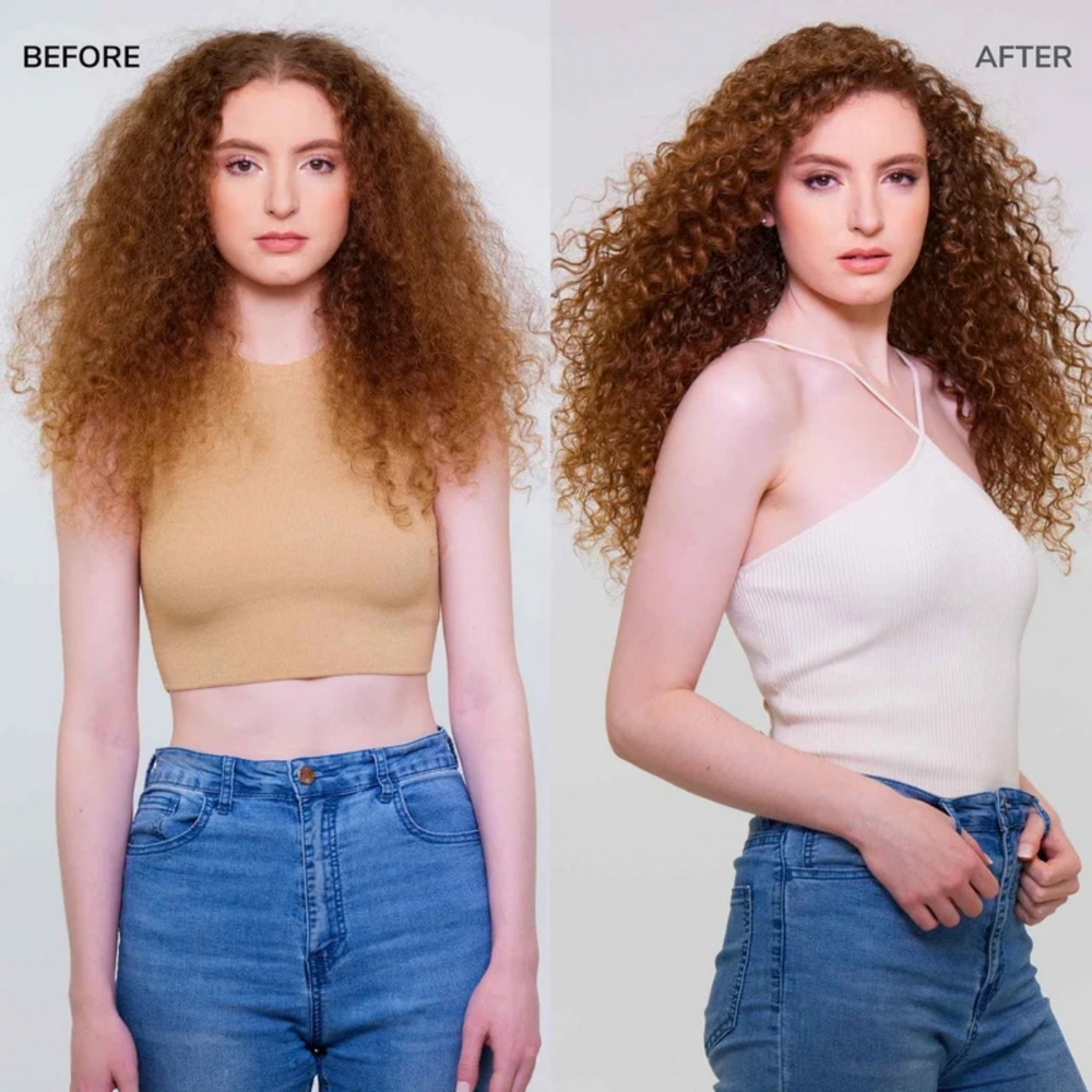 Krullend haar voor en na gebruik van Color Wow Curl Wow Snag-Free Pre-Shampoo Detangler