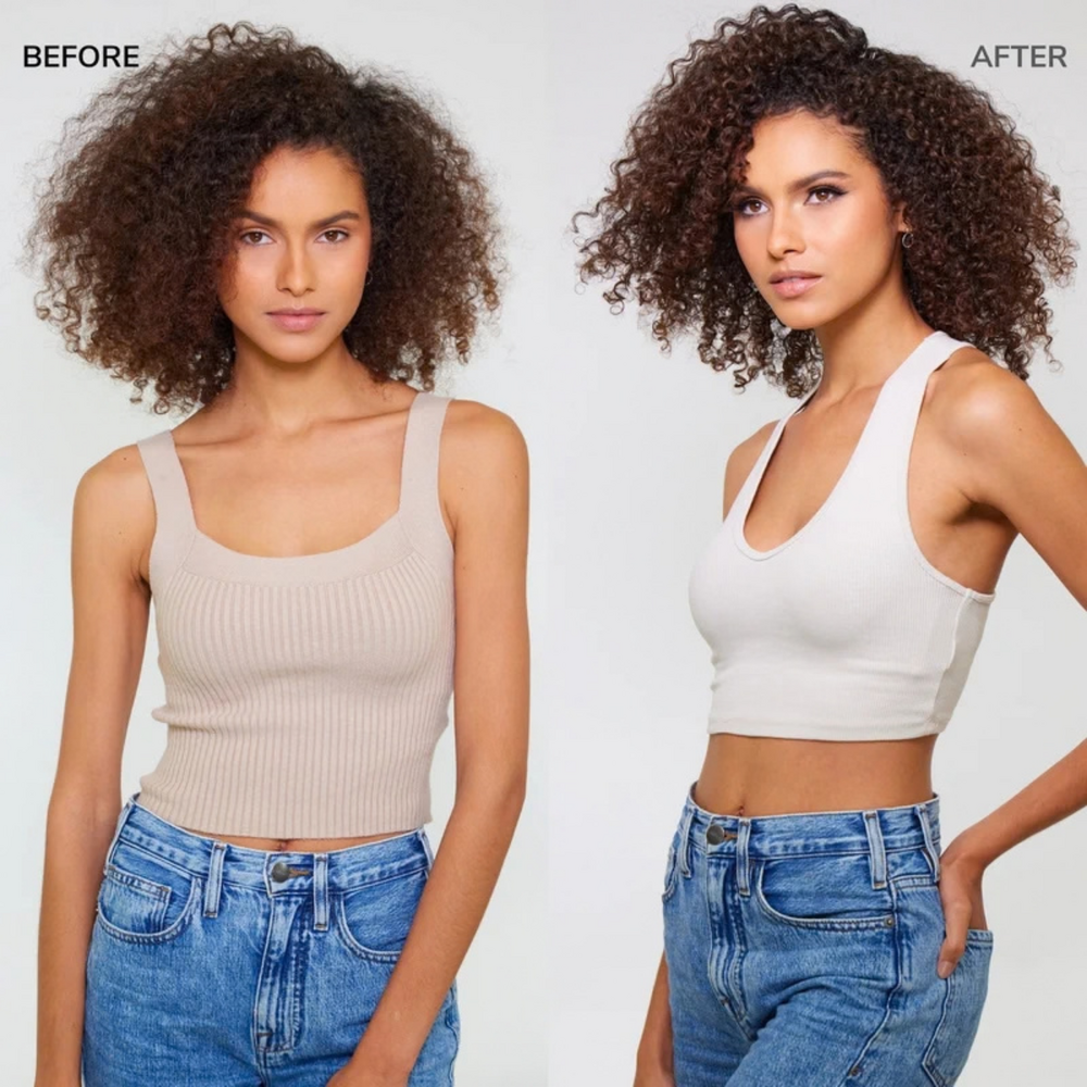 Krullend haar voor en na gebruik van Color Wow Curl Wow Coco-Motion Lubricating Conditioner