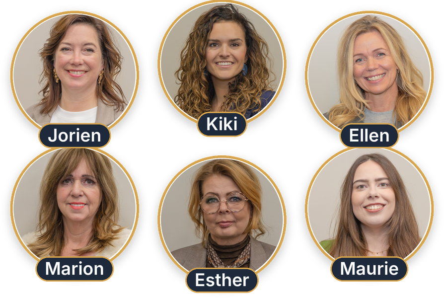 Het team van Kiki's Kappersgroothandel: Jorien, Kiki, Ellen, Marion, Esther en Maurie